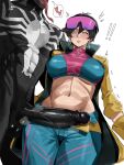  ! 19_inches_of_venom_(meme) 1boy 1girl absurdres black_hair blush breasts coat commentary cum cum_on_body cum_on_penis earrings english_commentary eyewear_on_head glasses heart hetero highres jewelry jubilee kartistry large_penis looking_at_penis looking_down marvel marvel_rivals meme multicolored_pants pants penis short_hair spider-man_(series) sweatdrop symbiote tinted_eyewear tomboy vampire venom_(marvel) white_background x-men yellow_coat yellow_eyes 