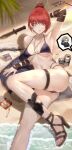  1boy 1girl absurdres arm_support armpits art_undertaker asahi_breweries ass bandaged_arm bandages beach beer_can bikini black_bikini blue_jacket blush breasts breasts_apart can chibi chibi_inset cigarette cigarette_pack commentary crystal_earrings dog_tags drink_can earrings english_commentary english_text fur_collar girls'_frontline girls'_frontline_2:_exilium glock green_eyes gun hair_ornament hair_scrunchie halterneck handgun high_heels high_ponytail highres holster jacket jewelry kenny_(girls'_frontline_2) knife leg_holster lentine_(girls'_frontline_2) looking_at_viewer lying lying_on_clothes medium_breasts mole mole_under_eye navel outdoors ponytail red_hair sand sand_writing sandals scrunchie short_hair single_earring speech_bubble string_bikini sweat swimsuit thigh_strap thighs triangle_bikini_top water weapon 
