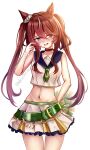  1girl absurdres animal_ears bare_shoulders belt blue_sailor_collar blush breasts commentary_request crop_top ear_covers ear_scrunchie genkai_made_pom_pon!! green_belt green_eyes green_neckerchief hair_between_eyes hair_ornament highres horse_ears horse_girl horse_tail long_hair neckerchief open_mouth pantyhose red_hair sailor_collar shirt simple_background skirt small_breasts solo tail twintails umamusume white_background white_shirt white_skirt win_variation_(umamusume) yangyue_mao 