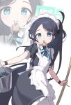  1girl :> absurdres apron aqua_halo aris_(blue_archive) aris_(maid)_(blue_archive) biluoyao black_dress black_hair blue_archive blue_bow blue_bowtie blue_eyes blue_pupils bow bowtie bucket bucket_of_water charm_(object) chinese_commentary closed_mouth collared_dress commentary_request cowboy_shot dot_nose dress from_side halo highres holding holding_bucket holding_charm holding_stick kei_(orange_robot)_(blue_archive) long_hair long_sidelocks looking_at_viewer maid maid_apron maid_headdress medium_dress mouth_hold multi-source_commentary official_alternate_costume official_alternate_hairstyle parted_bangs petticoat pinky_out ponytail rectangular_halo short_sleeves sidelocks simple_background smile solo stick tareme turning_head very_long_hair waist_bow white_apron white_background white_bow white_headdress wristband zoom_layer 