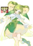 1girl absurdres ahoge apple apple_faerie_cookie apple_hair_ornament apple_slice boots candy_apple_cookie chinese_commentary commentary_request cookie_run cookie_run:_kingdom cowboy_shot dress food food-themed_hair_ornament fruit green_boots green_dress green_hair guotang_(strawberry-ies) hair_ornament highres humanization looking_at_viewer open_mouth pointy_ears reference_inset screenshot_inset short_hair simple_background smile solo white_background white_hair 