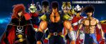  1970s_(style) 1980s_(style) 6+boys ;) abs absurdres animal_print armor artist_name ashita_no_joe bandaged_arm bandages belt belt_buckle berserk biceps black_cape black_gloves black_hair blue_jacket blue_pants bodysuit boxing boxing_gloves bracer brown_eyes brown_hair buckle cape closed_mouth coat commentary crossover duke_fleed english_commentary eyepatch facebook_username gloves guts_(berserk) harlock harlock_saga helmet highres hokuto_no_ken huge_weapon jacket jolly_roger kenshiro long_hair looking_at_viewer luigi_antonio_merico male_focus manly mazinger_(series) mecha_pilot_suit multiple_boys multiple_crossover muscular muscular_male one_eye_closed pants pectorals pegasus_seiya pirate_costume red_bodysuit red_shirt retro_artstyle saint_seiya scar scar_on_face science_fiction shirt short_hair shoulder_armor silver_armor skin_tight skull skull_and_crossbones smile star_(sky) starry_sky_background sword sword_on_back third-party_source tiger_mask_(character) tiger_mask_(series) tiger_print topless_male uchuu_kaizoku_captain_harlock ufo_robo_grendizer weapon weapon_on_back web_address wrestling_outfit yabuki_joe 