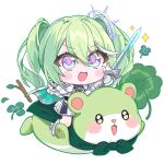  1girl :d armored_boots blue_cape blush_stickers boots cape chibi chico_(yuzuha_riko) chobi_(penguin_paradise) clover commentary english_commentary four-leaf_clover green_hair hair_between_eyes highres holding holding_sword holding_weapon long_hair multicolored_hair pleated_skirt purple_eyes simple_background skirt smile solo stellive streaked_hair sword twintails virtual_youtuber weapon white_background white_hair white_skirt yuzuha_riko 