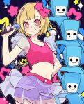  1girl 4boys brown_hair commentary_request hair_ornament highres holding holding_microphone idol idol_rena looking_at_viewer microphone midriff multiple_boys navel pink_eyes pink_shirt pink_shorts rhythm_tengoku rhythm_tengoku_miracle_stars see-through_clothes see-through_skirt see-through_sleeves shirt short_hair shorts skirt smile space_dancers sparkle star-shaped_pupils star_(symbol) star_hair_ornament symbol-shaped_pupils yassy_(yasikoz2008) 