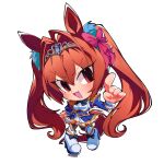  1girl :d animal_ears black_bow black_thighhighs blue_dress blue_jacket blush border bow bowtie breasts brown_hair center_frills chibi chibi_only commentary daiwa_scarlet_(peak_blue)_(umamusume) daiwa_scarlet_(umamusume) dress english_commentary epaulettes fang frills full_body hair_between_eyes hair_intakes hair_ornament hair_scrunchie highres horse_ears horse_girl horse_tail index_finger_raised jacket juliet_sleeves large_breasts layered_legwear layered_skirt long_hair long_sleeves looking_at_viewer open_mouth puffy_sleeves red_bow red_eyes saewiam scrunchie shirt shoes simple_background skin_fang skirt smile solo tail thighhighs tiara twintails umamusume v-shaped_eyebrows very_long_hair white_background white_border white_shirt white_shoes white_thighhighs 