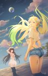  2girls absurdres arm_up ass ball bikini bikini_bottom_under_shorts bikini_skirt bikini_top_under_shirt bikini_under_clothes black_hair blonde_hair braid braided_bangs chisa_(peach_parfait)_(wuthering_waves) chisa_(wuthering_waves) chucky_(chucky1000sun) commentary denim denim_shorts floating_hair flower fruit_earrings gradient_hair green_hair hair_flower hair_ornament hat highres long_hair looking_at_viewer lynae_(peppermint)_(wuthering_waves) lynae_(wuthering_waves) multicolored_hair multiple_girls ocean official_alternate_costume open_mouth outdoors plaid_bikini plaid_clothes purple_eyes see-through_clothes see-through_shirt shirt shorts signature skirt smile swimsuit tacet_mark_(wuthering_waves) thighs volleyball_(object) wading white_flower white_hat white_shirt white_skirt wind wuthering_waves 
