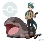  1girl absurdres ahoge black_gloves black_necktie black_pants boots bright_pupils brown_boots clodsire closed_mouth collared_shirt commentary_request flat_chest full_body gloves green_hair hand_in_pocket highres holding holding_poke_ball long_hair looking_at_viewer necktie pants poke_ball poke_ball_(basic) poke_ball_symbol pokemon pokemon_(creature) pokemon_scarlet_and_violet ponytail red_eyes reverse_trap revision rika_(pokemon) shirt sleeves_rolled_up standing tellzeta white_background white_pupils 