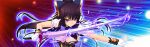  1girl black_hair bow breasts cleavage closed_mouth electricity energy expressionless game_asset genseishinki_sacred_virth gloves hair_bow holding holding_sword holding_weapon large_breasts long_hair magical_girl non-web_source official_art ponytail purple_eyes red_eyes sacred_noire self-datamine serious smile solo sparks sword underboob v-shaped_eyebrows visual_novel_cg weapon white_gloves yuugure_pairo yuuki_setsu 