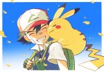  1boy ash_ketchum backpack bag bandaid bandaid_on_cheek bandaid_on_face bandaid_on_nose baseball_cap closed_eyes commentary_request creature creature_on_shoulder fingerless_gloves gloves green_gloves grin hat highres jacket jungeol_(p_oxo7) leaf male_focus on_shoulder pikachu pokemon pokemon_(anime) pokemon_(classic_anime) pokemon_(creature) short-sleeved_jacket short_sleeves smile 