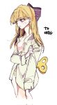  1girl blonde_hair blue_eyes bow breasts commentary_request dress_shirt gift_art hair_bow highres korean_commentary long_hair long_sleeves nipples original panties shirt solo spring_(object) striped_bow striped_clothes striped_panties underwear very_long_hair yajwa 