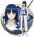  1girl anime_coloring ascot belt blue_hair blue_thighhighs blunt_bangs boots closed_mouth coat expressionless gintama hime_cut holding imai_nobume katana long_coat long_hair looking_at_viewer lowres military military_uniform official_art red_eyes sheath solo sword thighhighs transparent_background weapon 