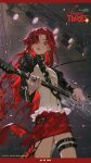  1girl belt black_nails black_shrug commission cowboy_shot cross cross_earrings curtained_hair earrings electric_guitar frilled_shirt frills gem guitar hair_belt high-low_skirt highres holding holding_guitar holding_instrument instrument jewelry latin_cross long_hair long_sleeves looking_at_viewer mihuashi_commission multiple_rings nail_polish nemuri_hitsuji_inshi one_eye_covered original parted_lips playing_instrument red_eyes red_gem red_hair red_skirt ring shirt shrug_(clothing) skirt solo spider_ornament stage_lights standing studded_shrug thigh_belt thigh_strap very_long_hair watermark watermark_grid white_shirt 