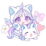  1girl :d animal_ears animal_hood arnyang_(ayatsuno_yuni) ayatsuno_yuni chibi chobi_(penguin_paradise) commentary fake_animal_ears fake_horns grey_hair heart hood hood_up hooded_jacket horns jacket purple_eyes simple_background single_horn sitting skirt smile socks soles solo stellive virtual_youtuber white_background white_jacket white_skirt 