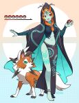  1girl absurdres barefoot black_cloak black_skin black_skirt blue_skin breasts cloak colored_sclera colored_skin commentary crossover english_commentary enni front_ponytail highres holding holding_poke_ball hood hooded_cloak long_skirt lycanroc lycanroc_(dusk) medium_breasts midna midna_(true) midriff multicolored_skin orange_hair poke_ball poke_ball_(basic) pokemon red_eyes side_slit skirt smile solo the_legend_of_zelda the_legend_of_zelda:_twilight_princess two-tone_skin yellow_sclera 