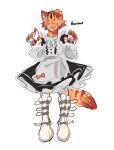  1boy :p animal_ears animal_hands bell bone_necklace boots cat_boy cat_ears cat_paws collar dog_boy dog_ears dress drooling fangs folded_ear freckles girly_boy grey_dress hair_over_eyes highres knee_boots maid male_focus molokomyau neck_bell orange_tail original red_collar short_hair simple_background sketch tail tongue tongue_out whiskers white_background white_boots 