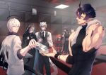  6+boys animal_ears aosta_(arknights) arknights black_hair black_necktie black_pants blue_eyes bottle broca_(arknights) cat_boy cat_ears chiave_(arknights) commentary_request demon_girl demon_horns dry-er executor_(arknights) flamebringer_(arknights) fox_boy fox_ears fox_tail gun halo holding horns indoors infection_monitor_(arknights) jacket male_focus material_growth multiple_boys muscular necktie orange_eyes oripathy_lesion_(arknights) pants phantom_(arknights) pointy_ears shirt short_hair silverash_(arknights) single_horn sleeveless snow_leopard_boy snow_leopard_ears snow_leopard_tail tail towel towel_around_neck water_bottle weapon white_hair wings wolf_boy wolf_ears 