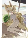  1girl absurdres animal_ears ass ball barefoot beach beachball blonde_hair blue_archive commentary extra_ears flat_chest fox_ears fox_tail full_body grey_eyes halo highres jacket kosh long_hair looking_at_viewer off_shoulder one-piece_swimsuit open_clothes open_jacket seia_(blue_archive) seia_(swimsuit)_(blue_archive) side_ponytail sidelocks smile solo sunglasses swimsuit tail visor_cap watermelon_beachball white_one-piece_swimsuit 