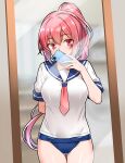  1girl absurdres arms_behind_back ass_visible_through_thighs blue_sailor_collar breasts cellphone commentary_request furaggu_(frag_0416) hair_between_eyes hair_ornament highres holding holding_phone i-168_(kancolle) kantai_collection large_breasts mirror mirror_selfie phone pink_eyes pink_hair ponytail sailor_collar school_swimsuit school_uniform selfie serafuku short_sleeves smartphone solo standing swimsuit swimsuit_under_clothes thighs variant_set x_hair_ornament 