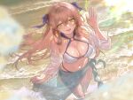  1girl art_undertaker bare_shoulders bikini blue_bikini blue_ribbon blush breasts brown_hair cleavage collarbone commentary day dot_nose english_commentary english_text from_above girls'_frontline green_sarong hair_between_eyes hair_ribbon highres large_breasts long_hair looking_at_viewer multicolored_bikini navel ocean official_alternate_costume open_clothes open_mouth open_shirt outdoors ribbon sarong see-through_clothes shiny_skin shirt sidelocks solo springfield_(girls'_frontline) springfield_(stirring_mermaid)_(girls'_frontline) standing standing_on_liquid string_bikini sunlight swimsuit thighs two-tone_bikini water waves waving wet wet_clothes white_bikini white_shirt 