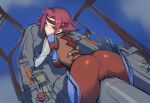 1girl blue_eyes blush bodysuit breasts closed_mouth cockpit code_geass commentary glaring headband kisaragi_shokuin kouzuki_kallen large_breasts looking_at_viewer looking_back mecha_pilot_suit red_bodysuit red_hair short_hair sketch solo 