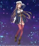  1girl blue_coat boots breasts brown_boots brown_hair chest_strap coat commentary_request company_name copyright_name copyright_notice dress furen_e_lustario hand_on_headwear hat highres katou_itsuwa large_breasts long_hair long_sleeves looking_at_viewer nijisanji official_alternate_costume official_art open_mouth red_eyes red_thighhighs sidelocks smile solo thighhighs virtual_youtuber waist_bag white_dress white_hat 