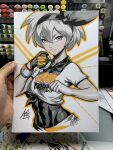  1girl art_tools_in_frame artist's_hand_in_frame bea_(pokemon) black_bodysuit bodysuit bodysuit_under_clothes bracer clenched_hand closed_mouth commentary english_commentary gloves grey_hair hairband highres holding holding_poke_ball looking_at_viewer marker_(medium) photo_(medium) poke_ball pokemon pokemon_sword_and_shield print_shirt shirt signature single_glove solo stanley_lau tied_shirt traditional_media 