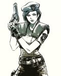  1girl aaronminier beret beretta_92 black_gloves fingerless_gloves gloves gun handgun hat highres holding holding_gun holding_weapon jill_valentine looking_at_viewer pants resident_evil resident_evil_1 shirt short_hair shoulder_pads simple_background weapon white_background 