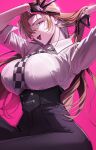  1girl 77_orangeboy absurdres black_gloves black_pants breasts brown_hair checkered_necktie collared_shirt commentary_request earrings from_below glint gloves hagiwara_chihaya hair_over_one_eye hand_in_own_hair hand_on_own_head highres hoop_earrings jewelry long_hair meitantei_conan necktie official_alternate_costume open_mouth pants pink_background shirt simple_background sitting solo teeth three-quarter_sleeves upper_teeth_only white_shirt 