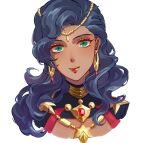 1girl absurdres blue_hair close-up commentary_request crescent crescent_earrings cropped_torso dark-skinned_female dark_skin earrings fire_emblem fire_emblem:_fortune's_weave gold_choker gold_earrings green_eyes high_ponytail highres irithyll8157351 jewelry leda_(fire_emblem) lipstick looking_at_viewer makeup ponytail portrait simple_background smile solo wavy_hair white_background 