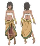  1girl anklet artist_request back bandeau barefoot black_hair bracer braid braided_sidelocks breasts cleavage closed_mouth collarbone dark-skinned_female dark_skin dungeon_ni_deai_wo_motomeru_no_wa_machigatteiru_darou_ka facing_away from_behind full_body gold_bracer green_eyes hair_tubes jewelry looking_at_viewer median_furrow metal_hair_tubes multiple_views navel neck_ring official_art sarong second-party_source short_hair shoulder_blades sidelocks simple_background small_breasts smile standing sword_oratoria tiona_hyryute transparent_background turnaround white_bandeau yellow_sarong 