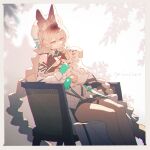  1girl ahoge animal_ear_fluff animal_ears aphrissa_(arknights) aqua_nails arknights blonde_hair braid cat_ears cat_girl chair chinese_commentary closed_mouth coat commentary_request dog fingerless_gloves gloves green_eyes green_gloves hat highres long_hair long_sleeves sitting smile twin_braids white_coat white_hat xiayehongming 