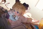  1girl ahoge bags_under_eyes barefoot blonde_hair blue_eyes bottle bow breasts cellphone chips_(food) commission commissioner_upload dress_shirt electrical_outlet feet food goofy_(goldgoofy357) hair_bow highres long_hair long_sleeves messy_hair non-web_source open_mouth original panties pee phone pillow potato_chips sex_toy shirt smartphone soles solo striped_bow striped_clothes striped_panties tissue_box toes underwear very_long_hair vibrator window yajwa 