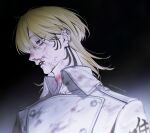  1boy absurdres amandasu blonde_hair blood blood_on_clothes blood_on_face bruise bruise_on_neck coat commentary_request ear_piercing highres injury korean_commentary long_sleeves looking_to_the_side madarame_shion male_focus medium_hair nosebleed parted_lips piercing rope_marks scar scar_on_chin scar_on_face simple_background solo strangulation_mark tokyo_revengers upper_body white_background white_coat 