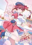  1girl bottle breasts burger cleavage coca-cola cowboy_shot dress food genjitsu_pirika highres holding holding_tray hololive hot_dog houshou_marine indoors large_breasts leg_warmers one_eye_closed red_dress red_eyes red_hair solo standing standing_on_one_leg tray twintails virtual_youtuber white_leg_warmers 