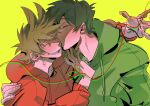  2boys animification antenna_hair arm_around_shoulder blush brown_hair closed_eyes commentary couple drawstring edd_(eddsworld) eddsworld flipped_hair green_hoodie grey_eyes grin hair_behind_ear hair_ears highres hood hood_down hoodie kiss kissing_cheek kuangzihaixing long_sleeves male_focus multiple_boys one_eye_closed red_hoodie short_hair simple_background sketch smile string string_of_fate swept_bangs tord_(eddsworld) untranslatable_commentary yaoi yellow_background 