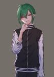  1other absurdres adjusting_clothes black_jacket black_pants brown_background collared_jacket commentary cowboy_shot dot_nose eyes_visible_through_hair green_hair hair_between_eyes happy high_collar highres jacket jersey long_sleeves looking_at_viewer nijisanji open_mouth other_focus pants poe_(528yuzunon) puffy_long_sleeves puffy_sleeves ryuushen ryuushen_(2nd_costume) short_hair simple_background smile solo standing straight-on sweatpants teeth upper_teeth_only virtual_youtuber white_sleeves yellow_eyes zipper zipper_pull_tab 