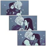  1boy 1girl arms_around_neck bare_shoulders blonde_hair cloud_strife couple earrings elbow_gloves english_commentary face-to-face final_fantasy final_fantasy_vii fingerless_gloves from_side gloves hands_on_another's_cheeks hands_on_another's_face hetero highres hug jen_bartel jewelry kiss long_hair looking_at_another mixed-language_commentary monochrome profile ribbed_sweater sequential short_hair signature single_elbow_glove sleeveless sleeveless_turtleneck spiked_hair sweater teardrop_earrings tifa_lockhart turtleneck turtleneck_sweater upper_body 
