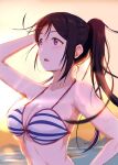  1girl arm_up backlighting bare_shoulders beach bikini black_hair blush breasts cleavage collarbone commentary_request highres long_hair looking_up love_live! love_live!_sunshine!! matsuura_kanan medium_breasts nonaka_kokoro open_mouth ponytail purple_eyes solo striped_bikini striped_clothes sunset swimsuit upper_body white_bikini 