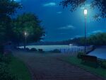  bench brick_floor bridge building bush cloud cloudy_sky dock game_asset grass lake lamp lamppost night no_humans non-web_source official_art outdoors park park_bench path pavement pier railing road scenery self-datamine sky star_(sky) starry_sky suisei_tenshi_primaveil_zwei tree visual_novel_cg water 