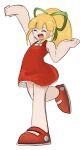  1girl arm_up blonde_hair dress full_body green_ribbon highres mega_man_(classic) mega_man_(series) open_mouth pale_skin ponytail red_dress ribbon robot_girl roll_(mega_man) shoes simple_background sleeveless smile solo tikuwabu_33 white_background 