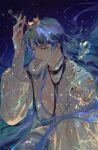  1boy air_bubble alternate_hair_length_(longer) blue_background blue_eyes blue_hair bubble buttons chinese_commentary commentary crown earrings english_text gem highres jewelry long_hair looking_at_viewer loose_neck_ribbon love_and_deepspace male_focus merfolk merman monster_boy neck_ribbon one_eye_closed open_clothes open_shirt parted_bangs parted_lips pearl puffy_sleeves purple_eyes rafayel_(love_and_deepspace) ribbon shi_ruo_ke_zhi shirt solo very_long_hair white_shirt 