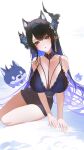  1girl absurdres asymmetrical_horns bare_shoulders black_bra black_hair black_horns black_skirt blue_hair blush bra breasts commentary highres hololive hololive_english horns large_breasts long_hair mole mole_under_eye multicolored_hair nerissa_ravencroft purple_eyes simple_background skirt solo_focus thekaiyip two-tone_hair underwear uneven_horns virtual_youtuber white_background 