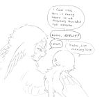  1boy 1other body_fur creature creature_focus english_text feathered_wings fraid human_head jejejunum nethermare open_mouth original silver_(jejejunum) size_difference sketch speech_bubble sweat talking traditional_harpy white_background wings wither_(jejejunum) 