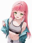 1girl absurdres aqua_jacket bare_shoulders breasts collarbone commentary cowboy_shot crop_top drawstring earrings green_eyes grey_sports_bra hair_ornament hairclip hanako_nana highres jacket jewelry long_hair looking_at_viewer midriff multicolored_hair navel off_shoulder open_clothes open_jacket open_mouth pink_hair rim_(rimmon2438) simple_background sleeveless small_breasts smile solo sports_bra stellive stomach streaked_hair virtual_youtuber white_background x_hair_ornament 