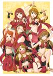  5girls :d ;) absurdres ahoge armpits arms_up black_bridal_gauntlets blue_eyes border breasts bridal_gauntlets brown_eyes brown_hair closed_mouth clothing_cutout commentary_request harem_outfit head_chain highres hip_vent holding holding_microphone idolmaster idolmaster_million_live! idolmaster_million_live!_theater_days jewelry kneeling kousaka_umi long_hair looking_at_viewer medium_breasts microphone miyao_miya multiple_girls navel noborinosato official_alternate_costume ogami_tamaki one_eye_closed open_mouth orange_hair outside_border pants red_eyes red_hair red_pants red_skirt red_veil skirt smile tanaka_kotoha tokoro_megumi twintails veil white_border 