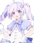  1girl :d ahoge blue_archive blush bow bowtie commentary_request double-parted_bangs gloves hair_between_eyes hair_intakes hair_ornament hand_on_own_hip hand_up long_hair looking_at_viewer multicolored_hair official_alternate_costume open_mouth peso_(pesomeren) pink_hair pleated_skirt purple_bow purple_bowtie purple_eyes purple_hair purple_shirt purple_skirt reisa_(blue_archive) reisa_(magical)_(blue_archive) shirt short_sleeves simple_background skirt smile solo star_(symbol) star_hair_ornament twintails two-tone_hair upper_body white_background white_gloves 