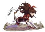  1girl absurdres amber_(100_outrider)_(genshin_impact) amber_(genshin_impact) belt boots bow_(weapon) brown_eyes brown_hair closed_mouth commentary_request dynamic_pose floating_hair full_body genshin_impact gloves hair_between_eyes hairband highres holding holding_bow_(weapon) holding_weapon hunter's_bow_(genshin_impact) jacket long_hair looking_at_viewer mgmgsteak red_gloves red_hairband red_jacket red_shorts red_thighhighs shorts simple_background solo thigh_belt thigh_boots thigh_strap thighhighs twitter_username two-sided_gloves weapon white_background white_boots white_gloves 