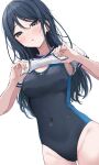  1girl :o ass_visible_through_thighs black_hair black_one-piece_swimsuit blush breasts clothes_lift commentary competition_swimsuit covered_navel cowboy_shot dutch_angle from_below grey_eyes groin gym_shirt hair_between_eyes hands_up highleg highleg_one-piece_swimsuit highres hoshino_ichika_(project_sekai) kunizaki lifting_own_clothes long_hair looking_at_viewer medium_breasts one-piece_swimsuit parted_lips project_sekai shirt shirt_lift short_sleeves sidelocks simple_background solo sweat swimsuit two-tone_swimsuit white_background white_shirt 