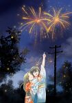  2girls black_hair brown_hair fireworks grin happy_birthday highres hug hug_from_behind inuzuka_miwa japanese_clothes kimono lamppost long_hair multiple_girls night pointing sawatari_saeko short_hair sky smile tree tsukiatte_agetemo_ii_kana 