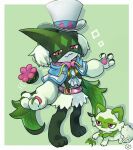 belt border closed_mouth commentary_request dated drop_shadow full_body furry green_background green_vest hat highres looking_at_viewer meowscarada meowscarada_(phantom_thief) necoyu_(yuyudomino) outside_border pink_belt pokemon pokemon_(creature) pokemon_unite red_eyes simple_background sprigatito standing vest white_border white_hat 
